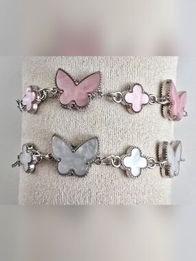 Butterfly and Clover Link Bracelet Set in Pink & White